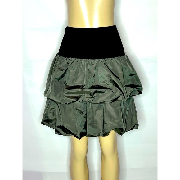 REISS KHAKI GREEN WITH BLACK BAND WAIST BUBBLE HEM SKIRT SIZE 6 - Picture 1 of 4